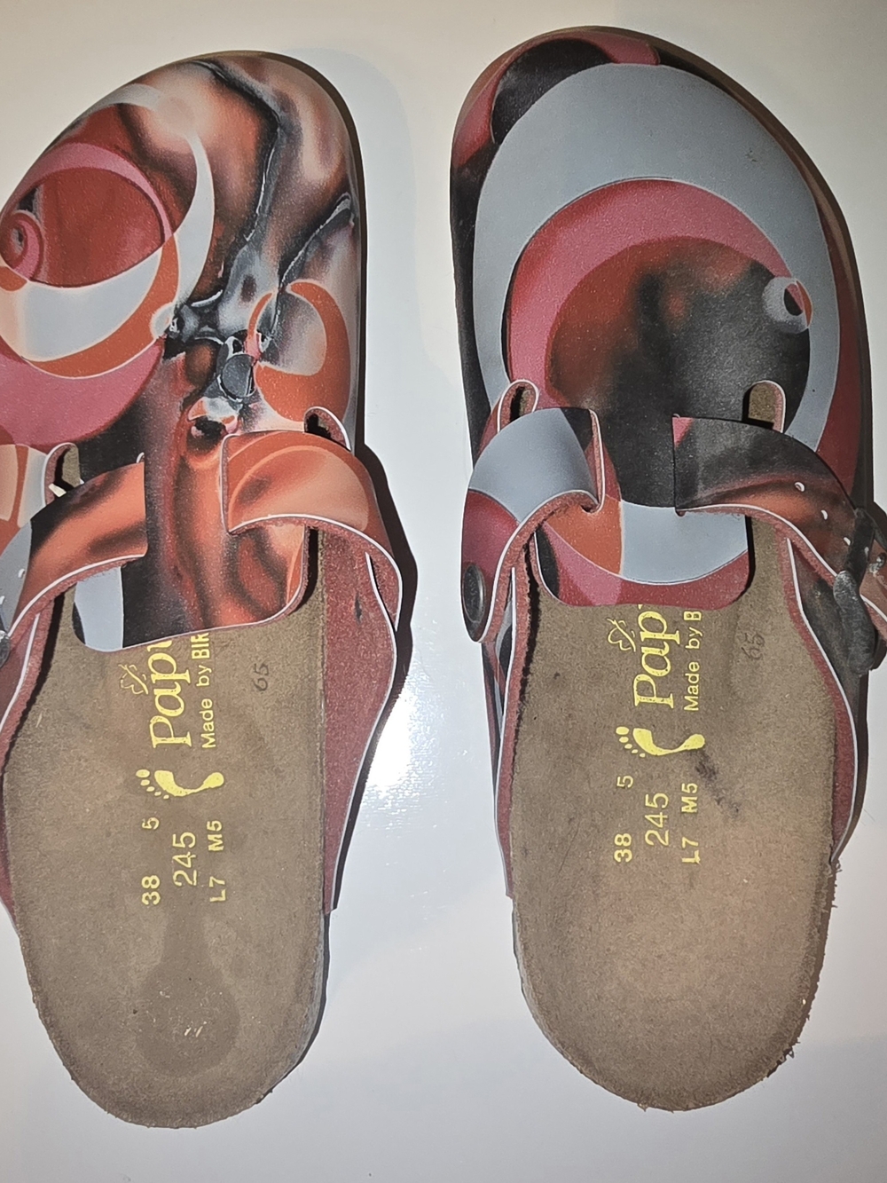 Birkenstock Multicolor Swirl Pattern Slip-On Clogs in Red, Pink and Gray